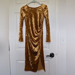 A3 Gold Velvet Shirred Long Sleeve Midi Bodycon Dress Small Slit Holiday Party